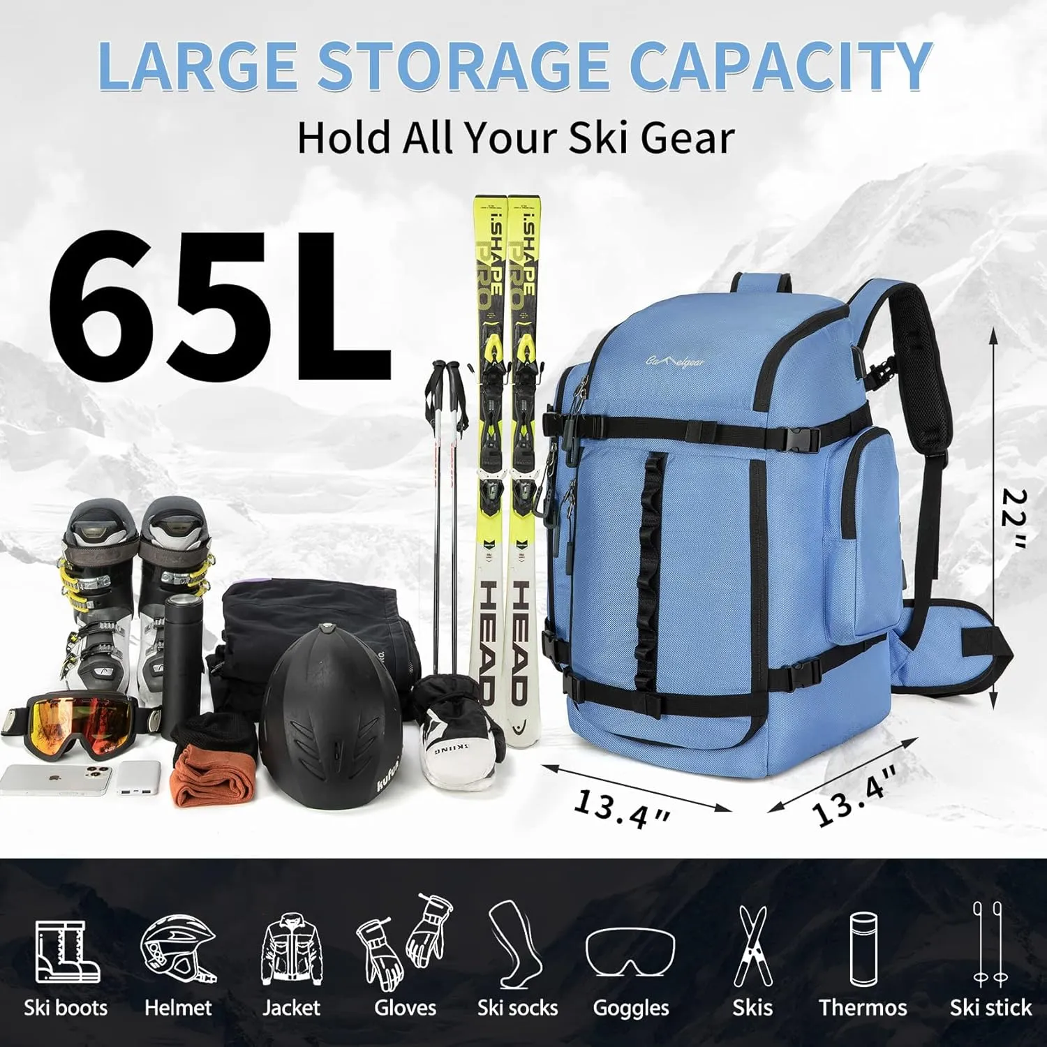 65L Ski Boot Bag,Large Duffle Travel Bag,1680D Nylon Waterproof Padded Ski Boot Bag Backpack For Women Men Kids