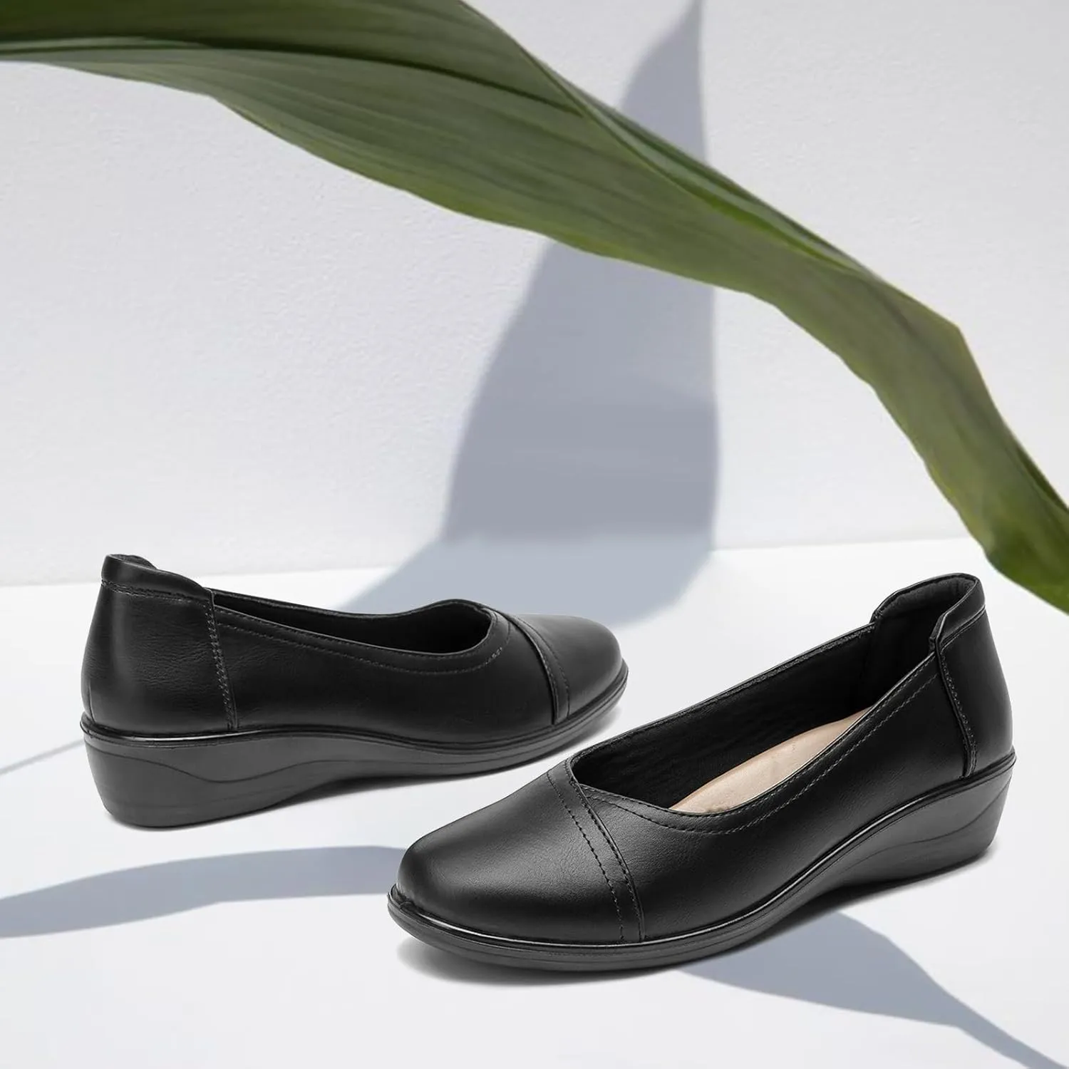 ALLOT Women's Low Heel Wedge Work Shoes Round Toe Slip-on Arch Support Comfortable Loafer Casual Office Business Flats Dress Pumps