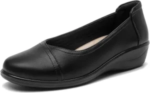ALLOT Women's Low Heel Wedge Work Shoes Round Toe Slip-on Arch Support Comfortable Loafer Casual Office Business Flats Dress Pumps