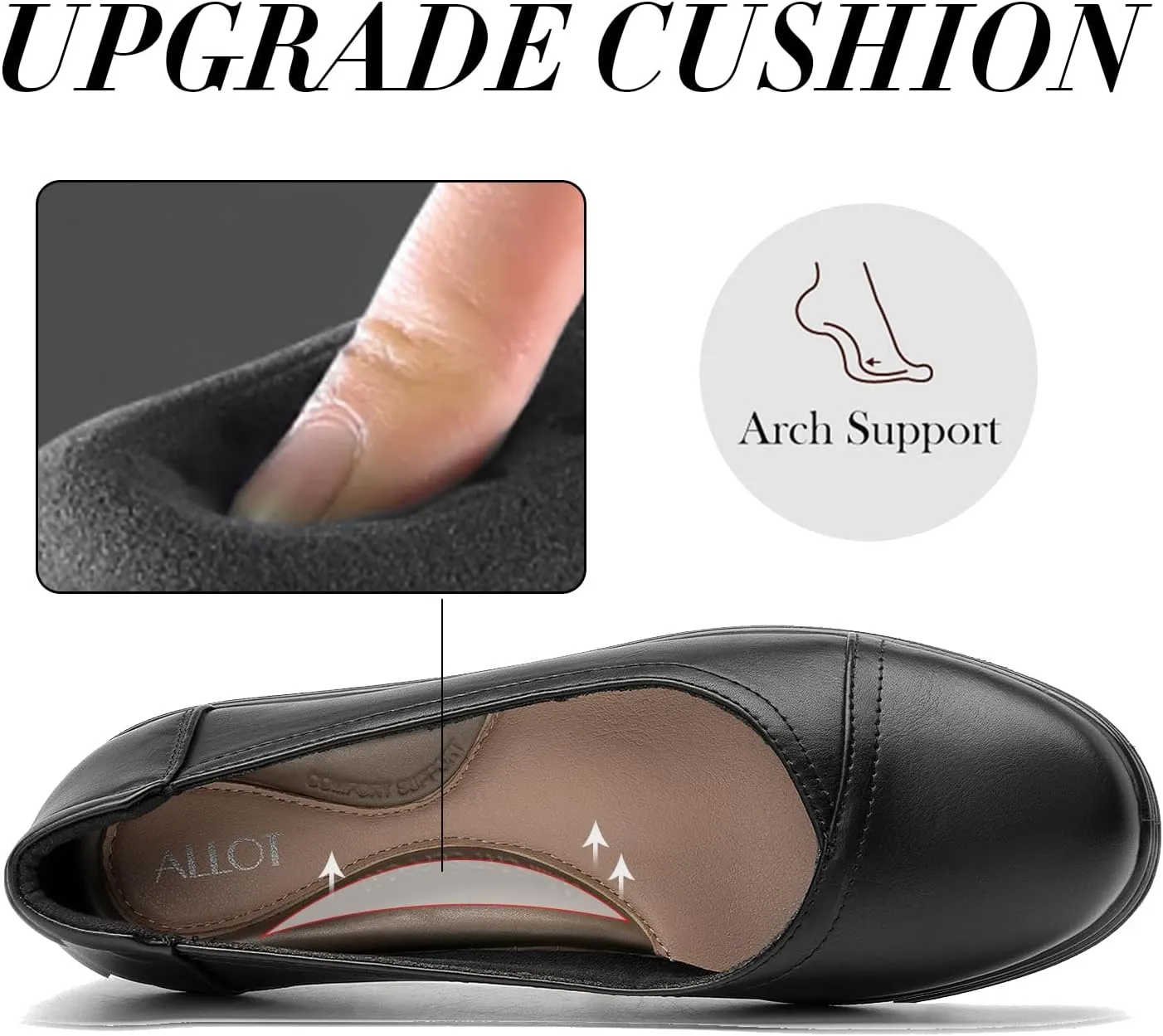 ALLOT Women's Low Heel Wedge Work Shoes Round Toe Slip-on Arch Support Comfortable Loafer Casual Office Business Flats Dress Pumps