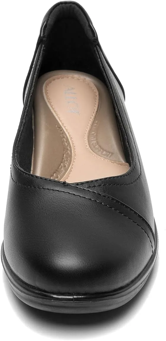 ALLOT Women's Low Heel Wedge Work Shoes Round Toe Slip-on Arch Support Comfortable Loafer Casual Office Business Flats Dress Pumps