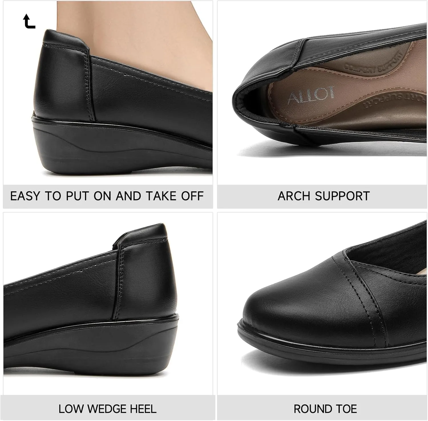 ALLOT Women's Low Heel Wedge Work Shoes Round Toe Slip-on Arch Support Comfortable Loafer Casual Office Business Flats Dress Pumps