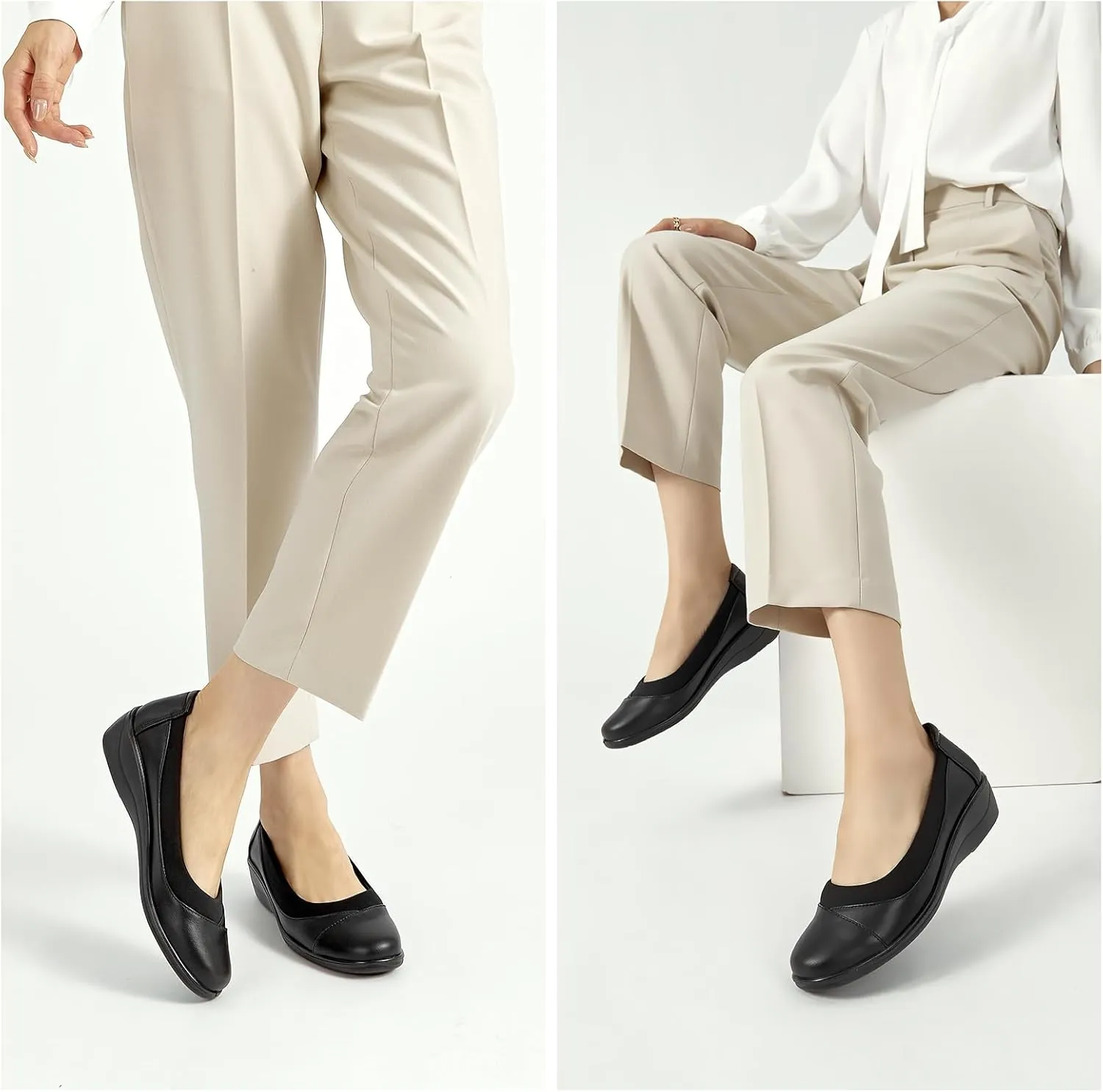 ALLOT Women's Low Heel Wedge Work Shoes Round Toe Slip-on Arch Support Comfortable Loafer Casual Office Business Flats Dress Pumps