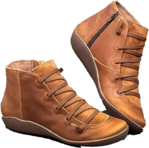 Ankle Booties for Women Flat Heel,Women’s Ankle Boots Fashion Lace Up Side Zip Vintage Booties Low Heel Arch Support