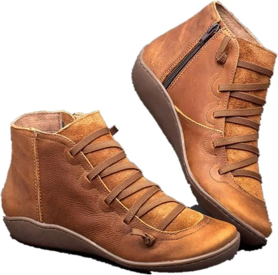 Ankle Booties for Women Flat Heel,Women’s Ankle Boots Fashion Lace Up Side Zip Vintage Booties Low Heel Arch Support