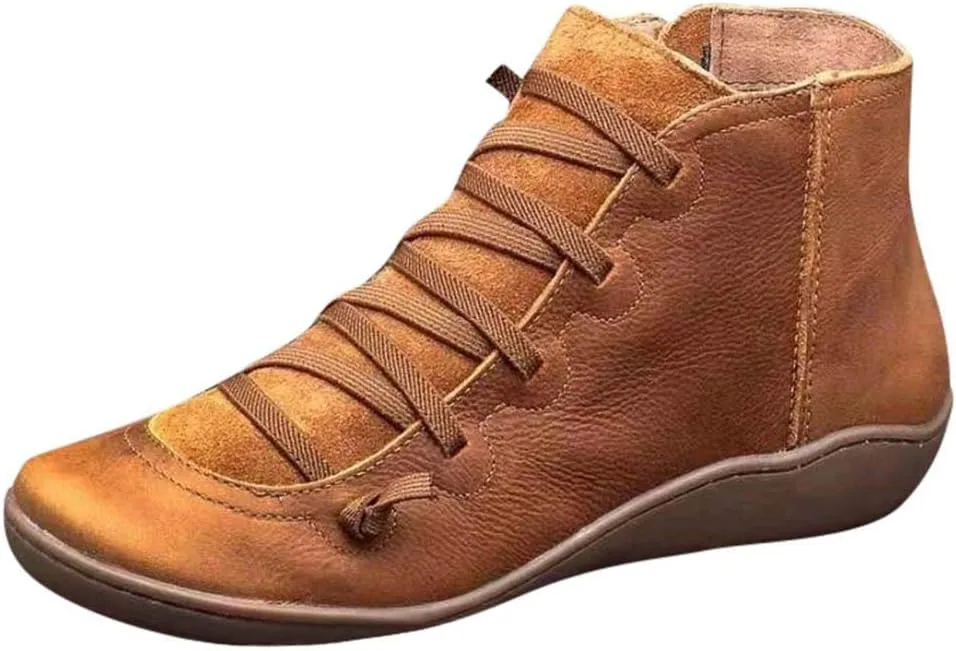 Ankle Booties for Women Flat Heel,Women’s Ankle Boots Fashion Lace Up Side Zip Vintage Booties Low Heel Arch Support