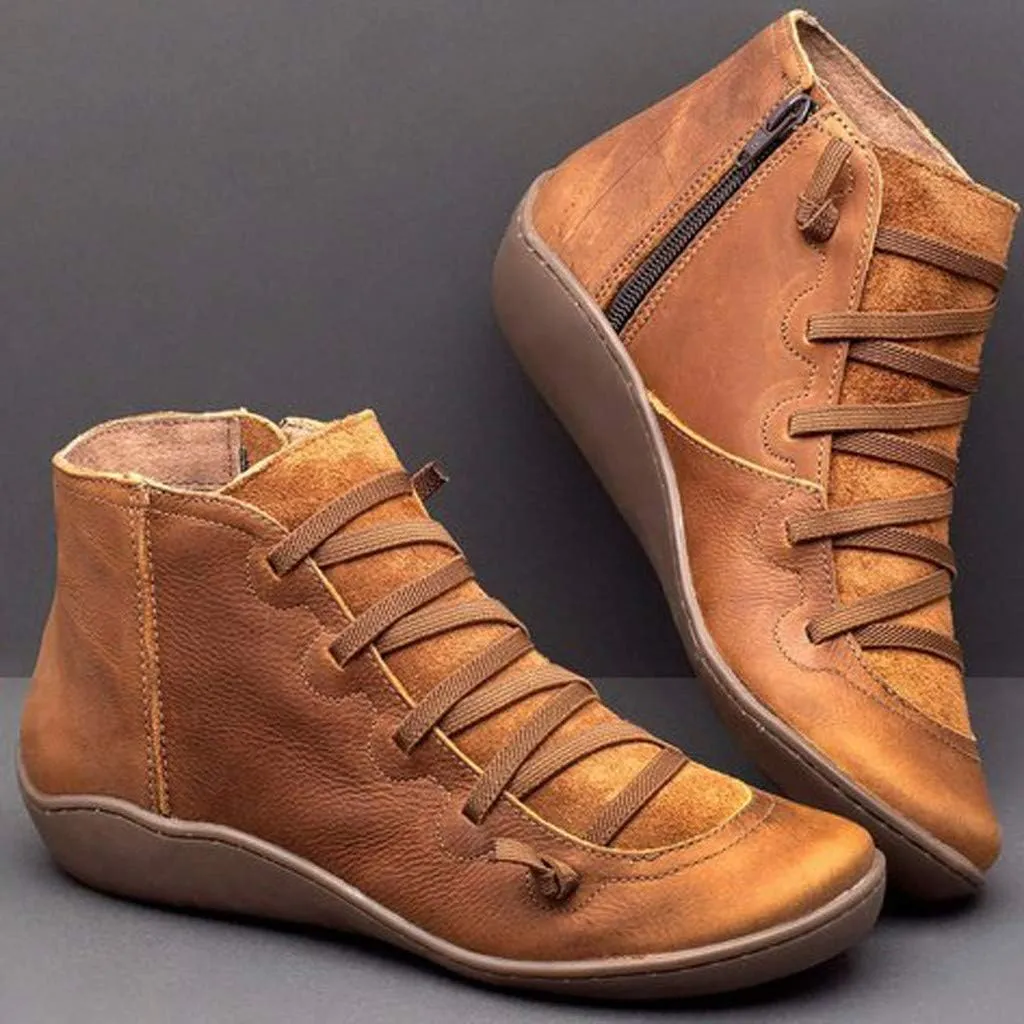 Ankle Booties for Women Flat Heel,Women’s Ankle Boots Fashion Lace Up Side Zip Vintage Booties Low Heel Arch Support