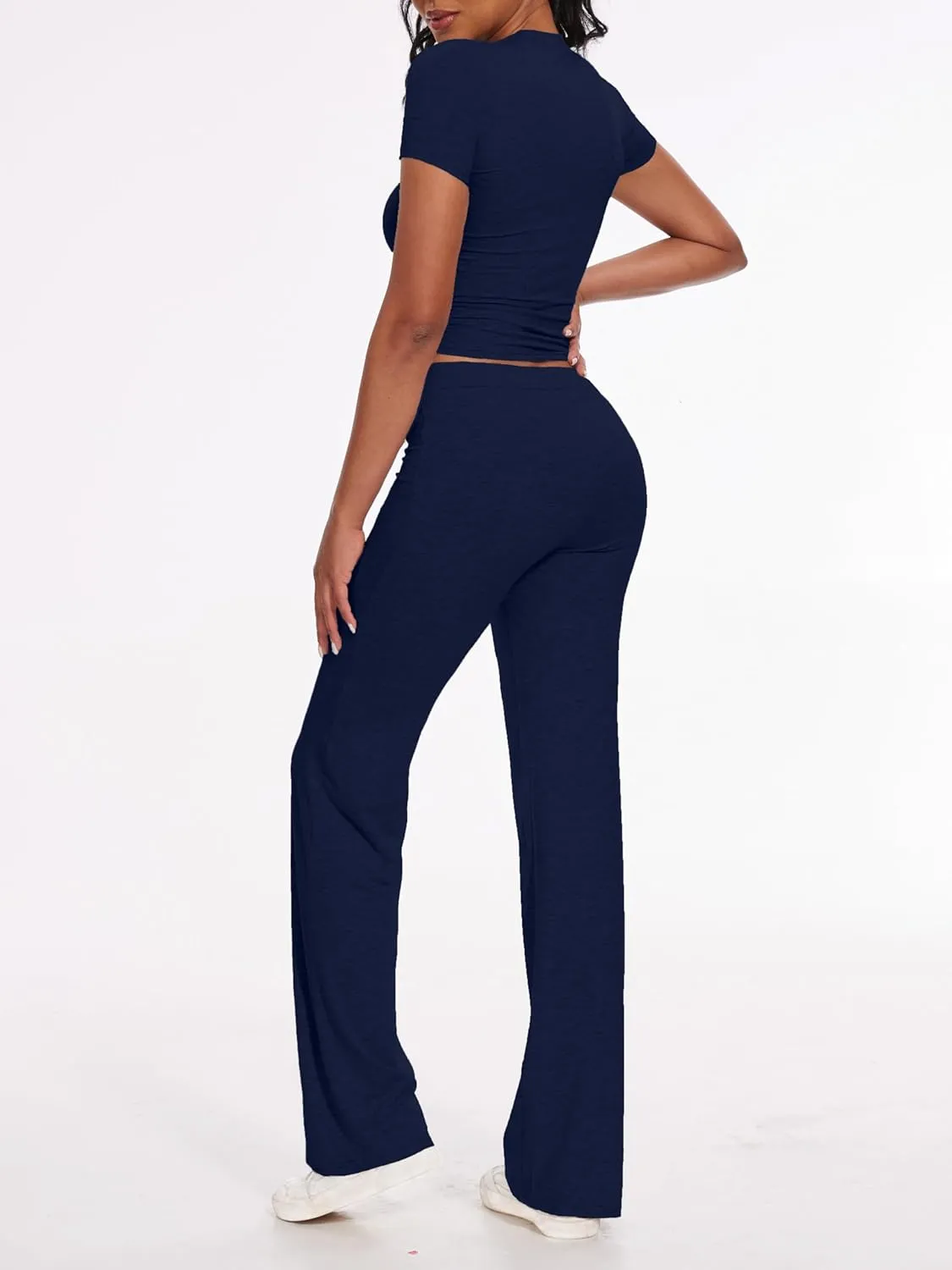 AnotherChill Women's 2 Piece Lounge Sets Straight Leg Pants Set Short Sleeve Crop T-shirt Casual Outfits Comfy Loungewear