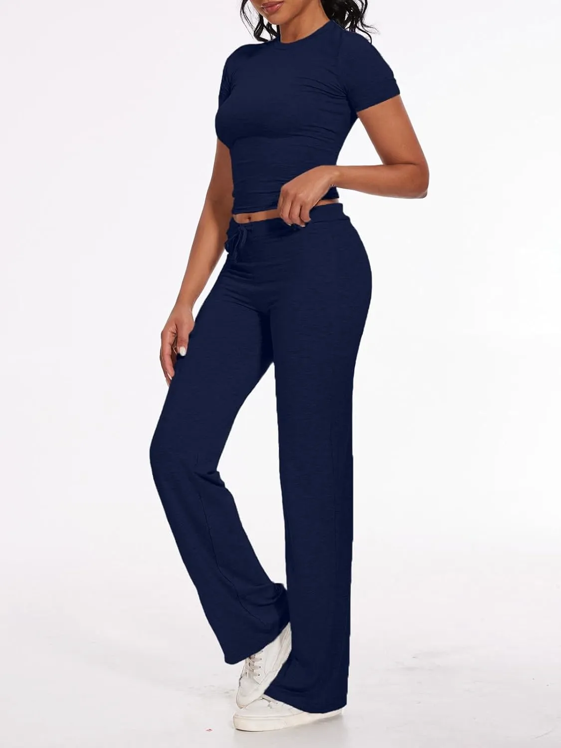 AnotherChill Women's 2 Piece Lounge Sets Straight Leg Pants Set Short Sleeve Crop T-shirt Casual Outfits Comfy Loungewear