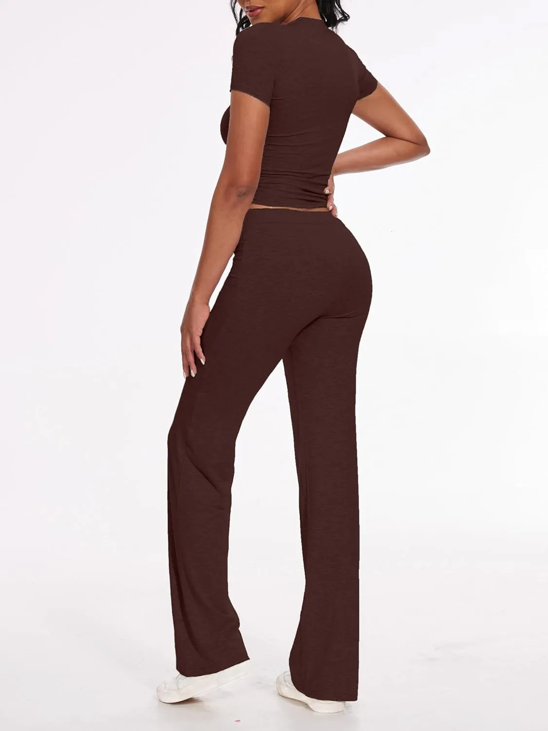 AnotherChill Women's 2 Piece Lounge Sets Straight Leg Pants Set Short Sleeve Crop T-shirt Casual Outfits Comfy Loungewear