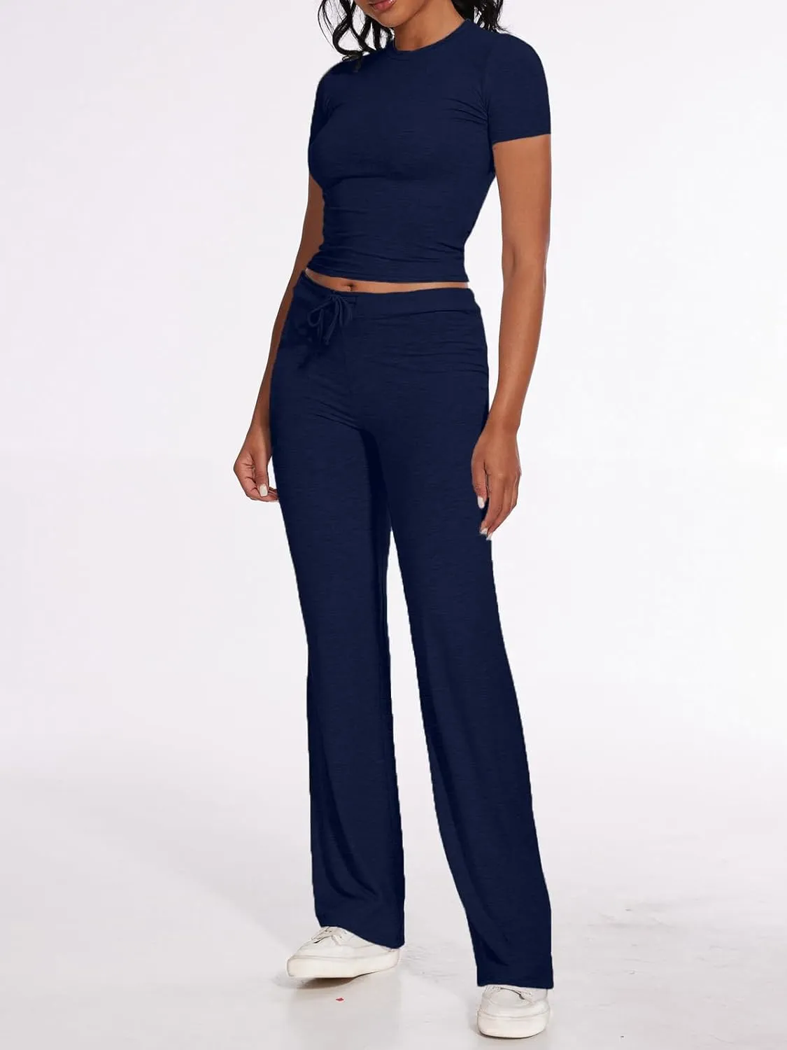 AnotherChill Women's 2 Piece Lounge Sets Straight Leg Pants Set Short Sleeve Crop T-shirt Casual Outfits Comfy Loungewear