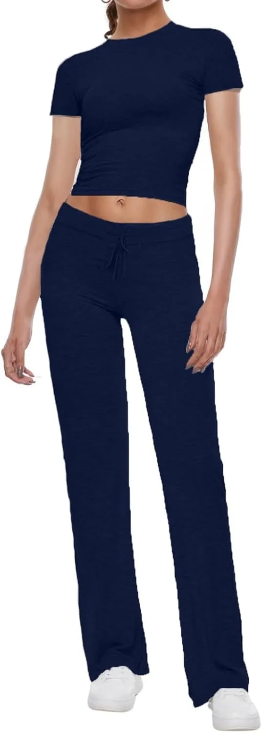 AnotherChill Women's 2 Piece Lounge Sets Straight Leg Pants Set Short Sleeve Crop T-shirt Casual Outfits Comfy Loungewear