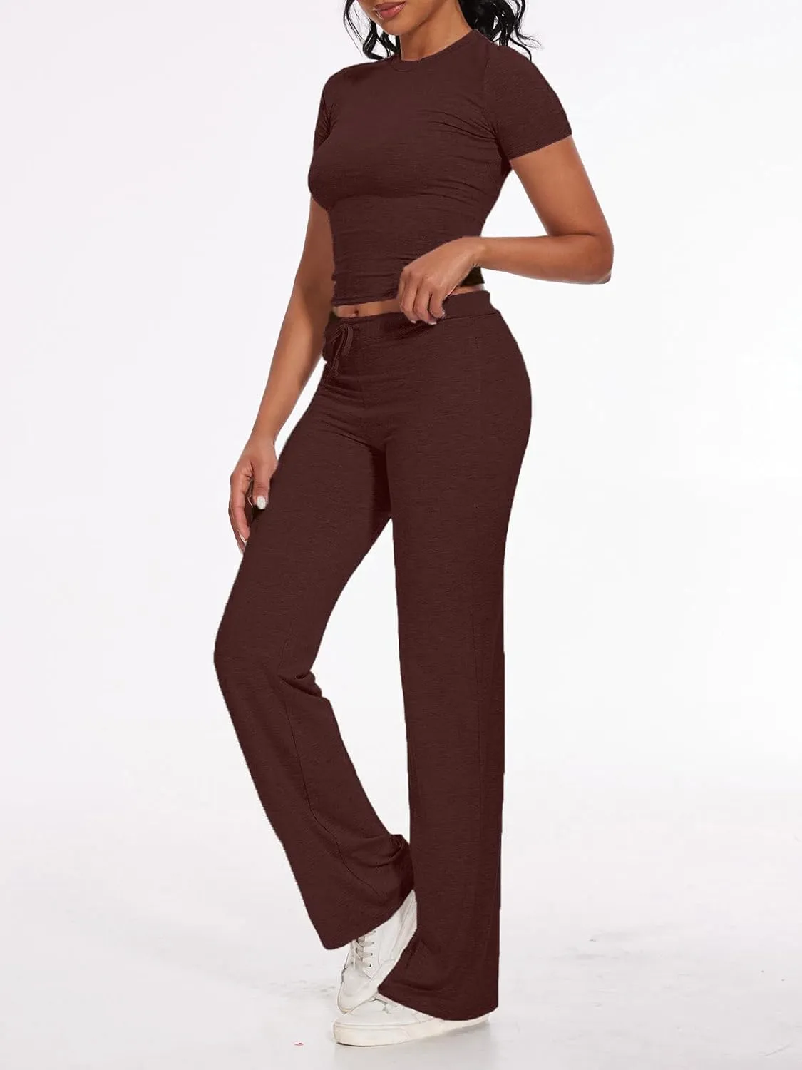 AnotherChill Women's 2 Piece Lounge Sets Straight Leg Pants Set Short Sleeve Crop T-shirt Casual Outfits Comfy Loungewear