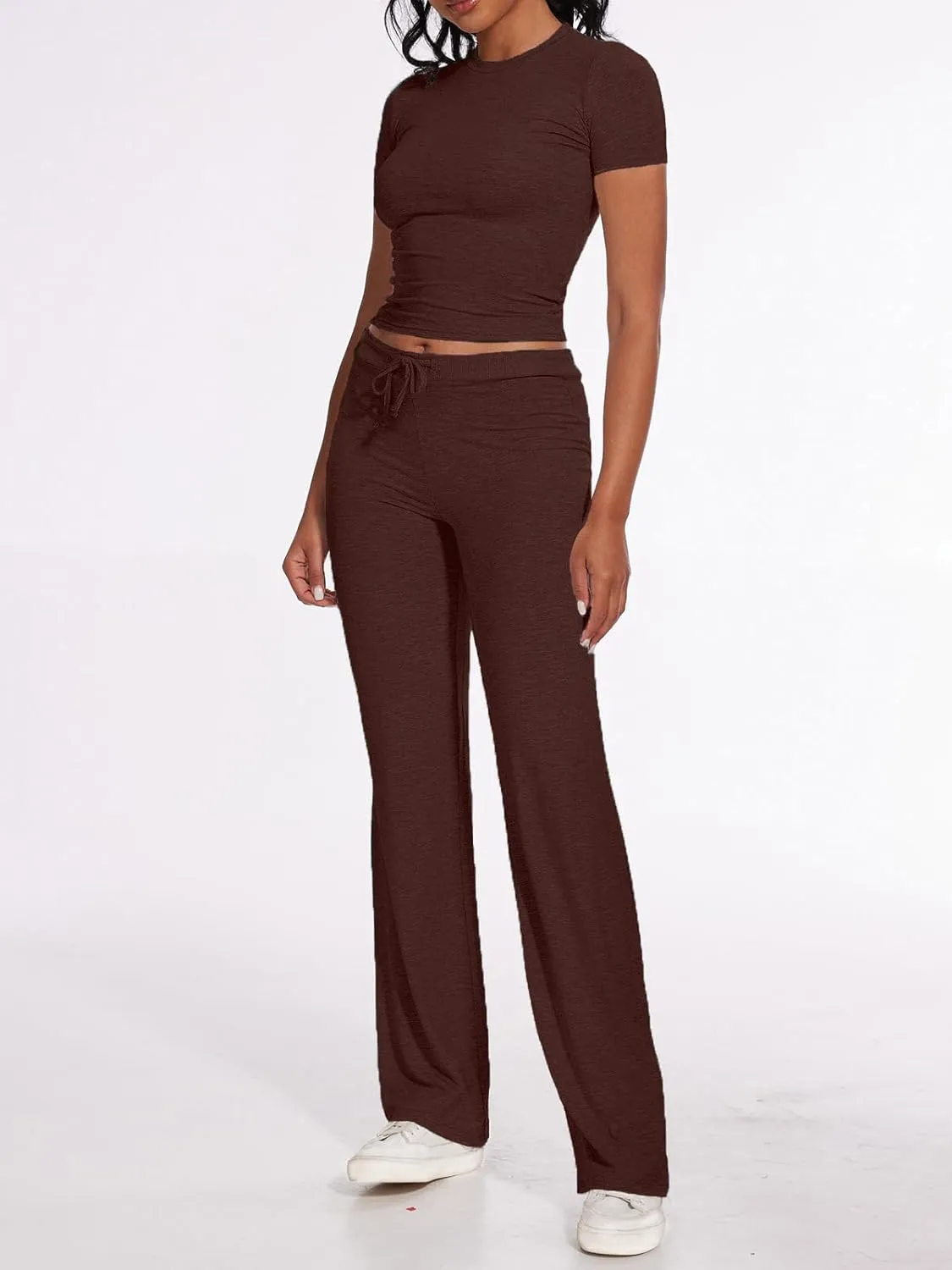 AnotherChill Women's 2 Piece Lounge Sets Straight Leg Pants Set Short Sleeve Crop T-shirt Casual Outfits Comfy Loungewear