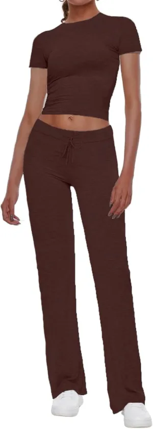 AnotherChill Women's 2 Piece Lounge Sets Straight Leg Pants Set Short Sleeve Crop T-shirt Casual Outfits Comfy Loungewear