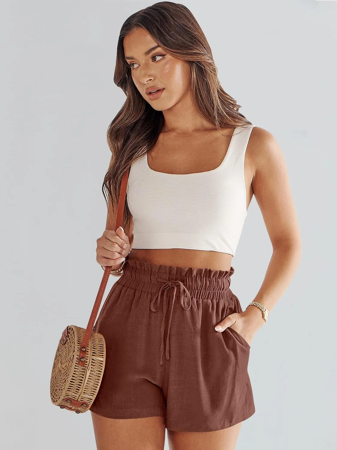 ANRABESS Linen Shorts for Women Summer Casual Wide Leg Loose High Waist Drawstring Dressy Beach Shorts 2025 Comfy Clothes
