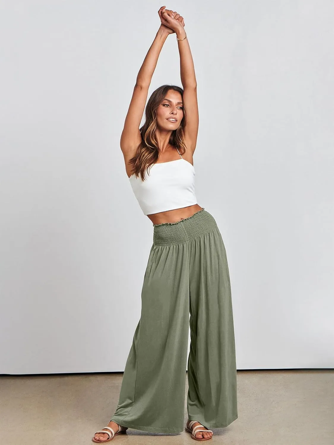 ANRABESS Women Palazzo Pants Summer Boho Bagyy Wide Leg High Smocked Waist Casual Loose Lounge Pant with Pocket
