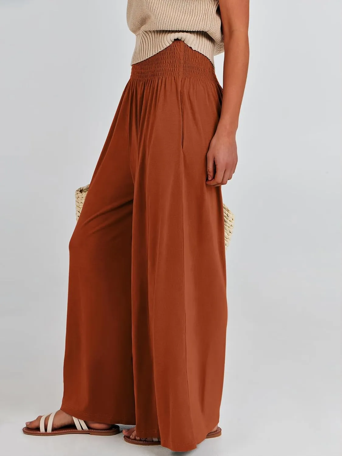 ANRABESS Women Palazzo Pants Summer Boho Bagyy Wide Leg High Smocked Waist Casual Loose Lounge Pant with Pocket