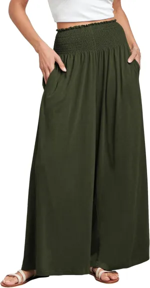 ANRABESS Women Palazzo Pants Summer Boho Bagyy Wide Leg High Smocked Waist Casual Loose Lounge Pant with Pocket