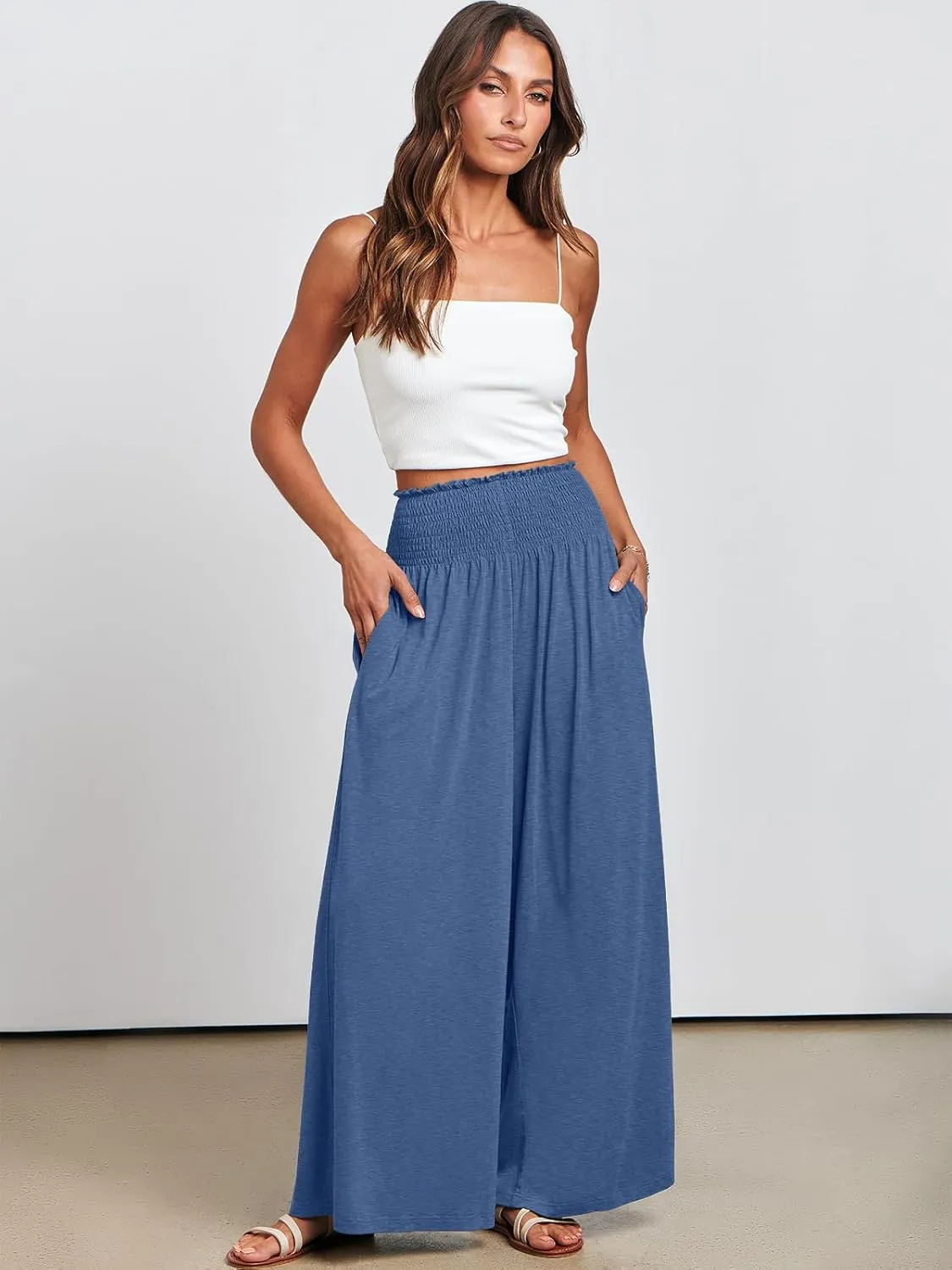 ANRABESS Women Palazzo Pants Summer Boho Bagyy Wide Leg High Smocked Waist Casual Loose Lounge Pant with Pocket