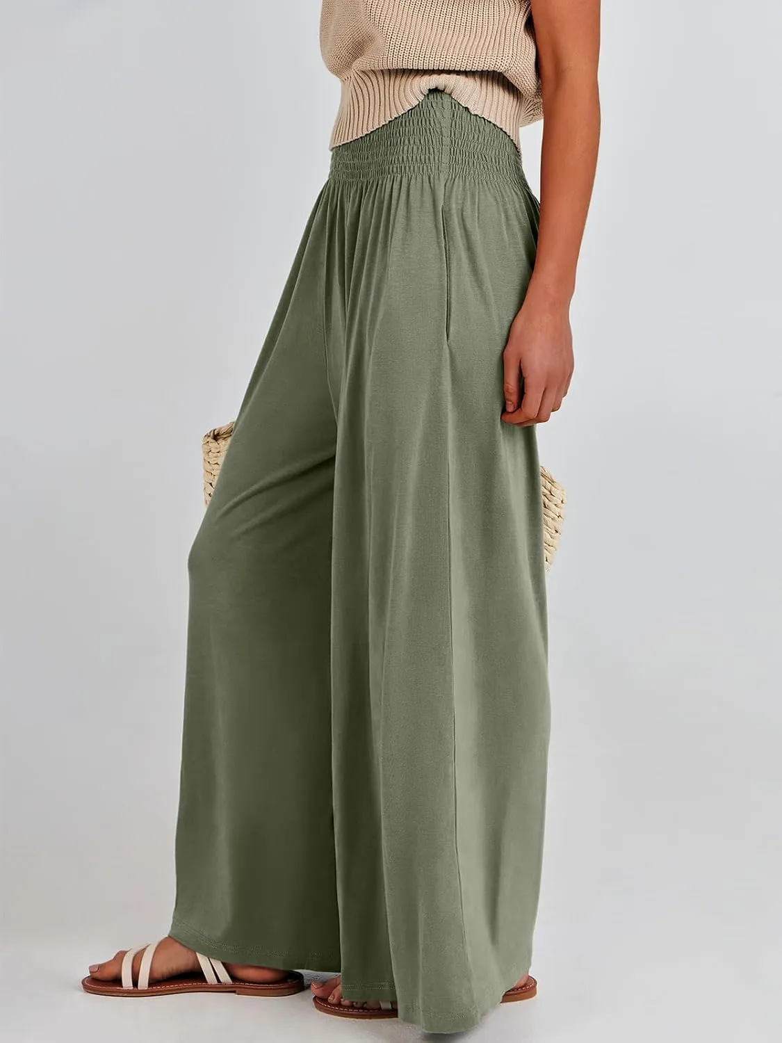 ANRABESS Women Palazzo Pants Summer Boho Bagyy Wide Leg High Smocked Waist Casual Loose Lounge Pant with Pocket