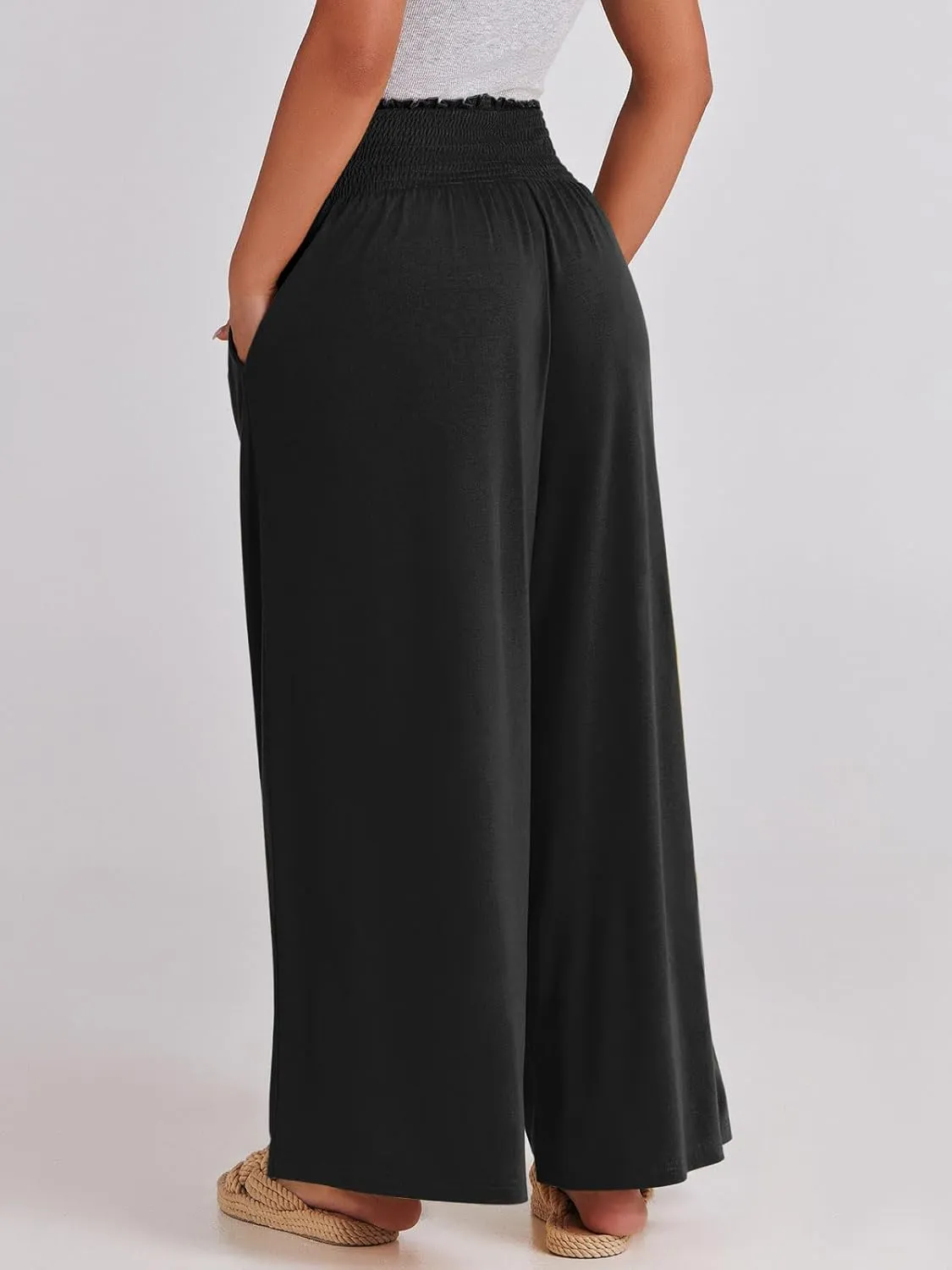 ANRABESS Women Palazzo Pants Summer Boho Bagyy Wide Leg High Smocked Waist Casual Loose Lounge Pant with Pocket