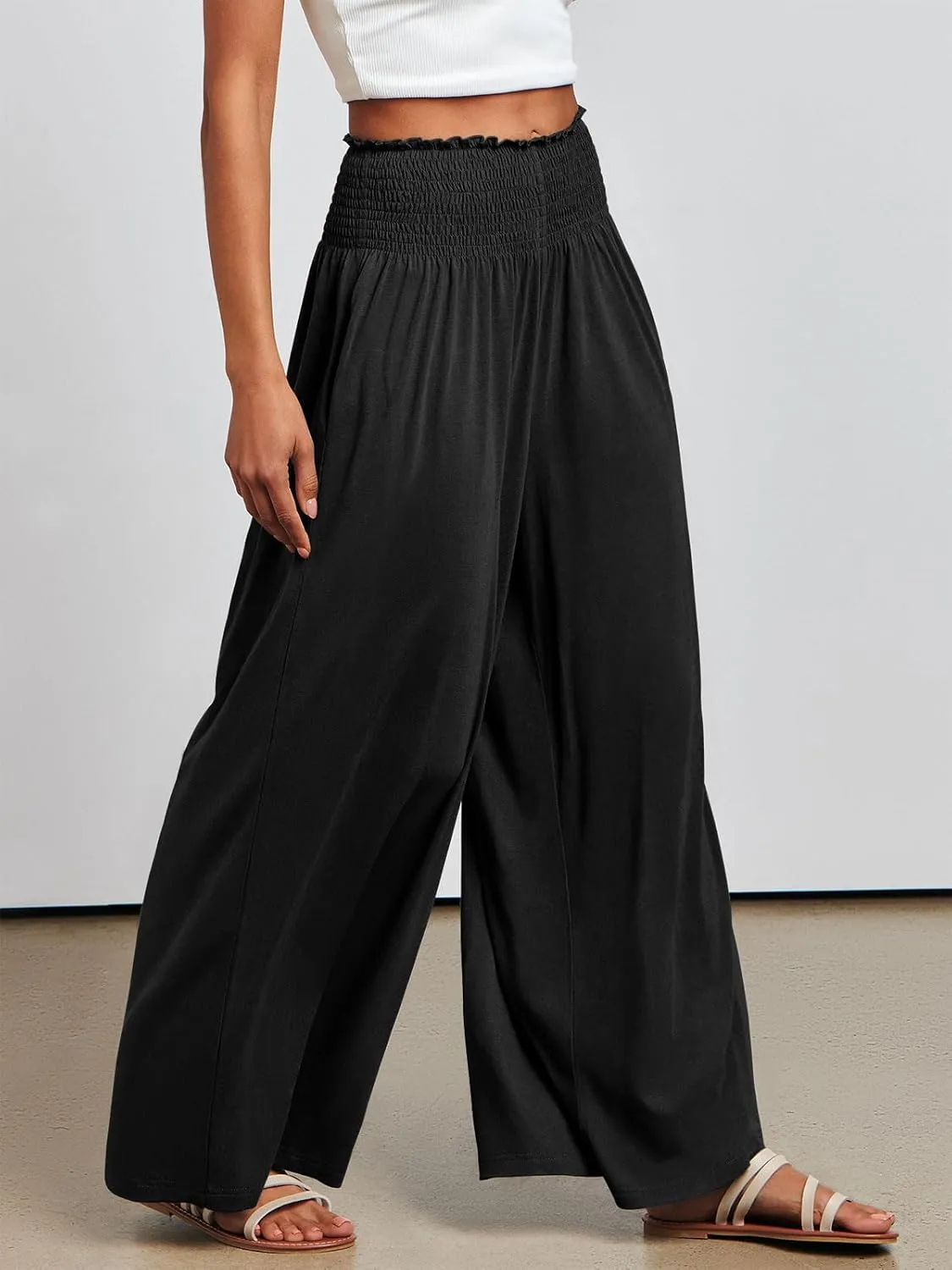 ANRABESS Women Palazzo Pants Summer Boho Bagyy Wide Leg High Smocked Waist Casual Loose Lounge Pant with Pocket