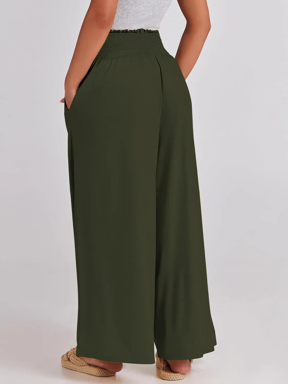 ANRABESS Women Palazzo Pants Summer Boho Bagyy Wide Leg High Smocked Waist Casual Loose Lounge Pant with Pocket