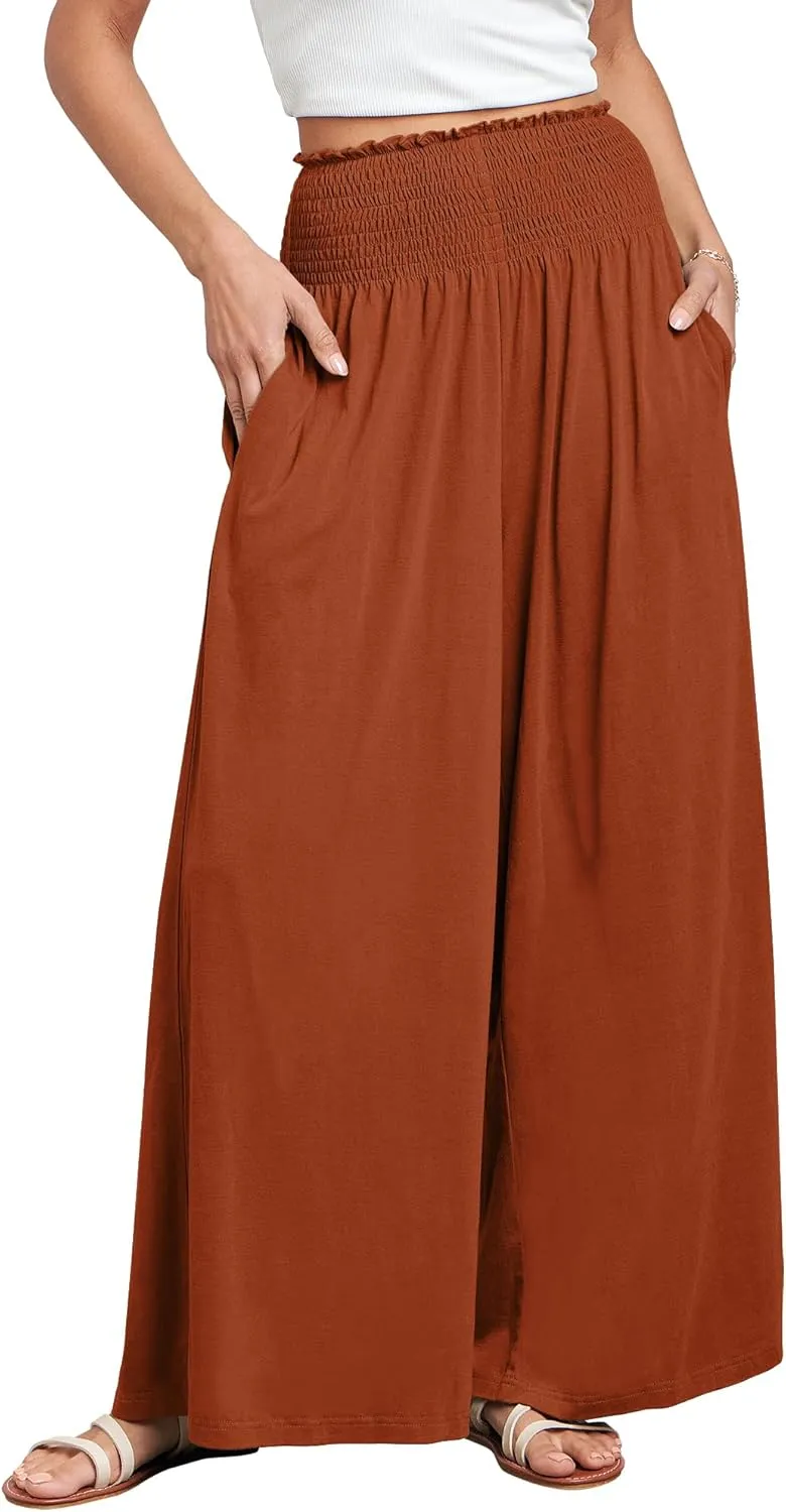 ANRABESS Women Palazzo Pants Summer Boho Bagyy Wide Leg High Smocked Waist Casual Loose Lounge Pant with Pocket