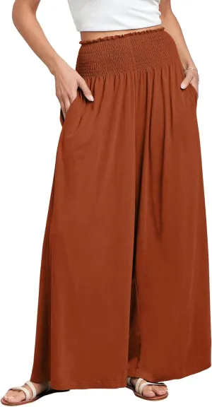 ANRABESS Women Palazzo Pants Summer Boho Bagyy Wide Leg High Smocked Waist Casual Loose Lounge Pant with Pocket