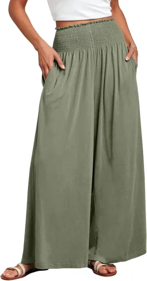 ANRABESS Women Palazzo Pants Summer Boho Bagyy Wide Leg High Smocked Waist Casual Loose Lounge Pant with Pocket