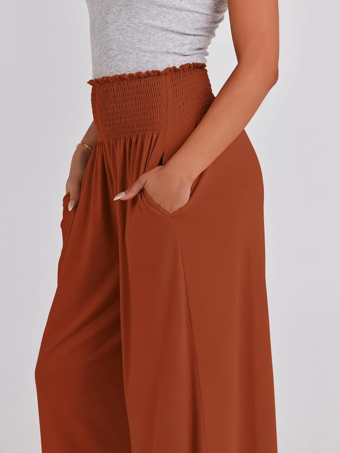 ANRABESS Women Palazzo Pants Summer Boho Bagyy Wide Leg High Smocked Waist Casual Loose Lounge Pant with Pocket