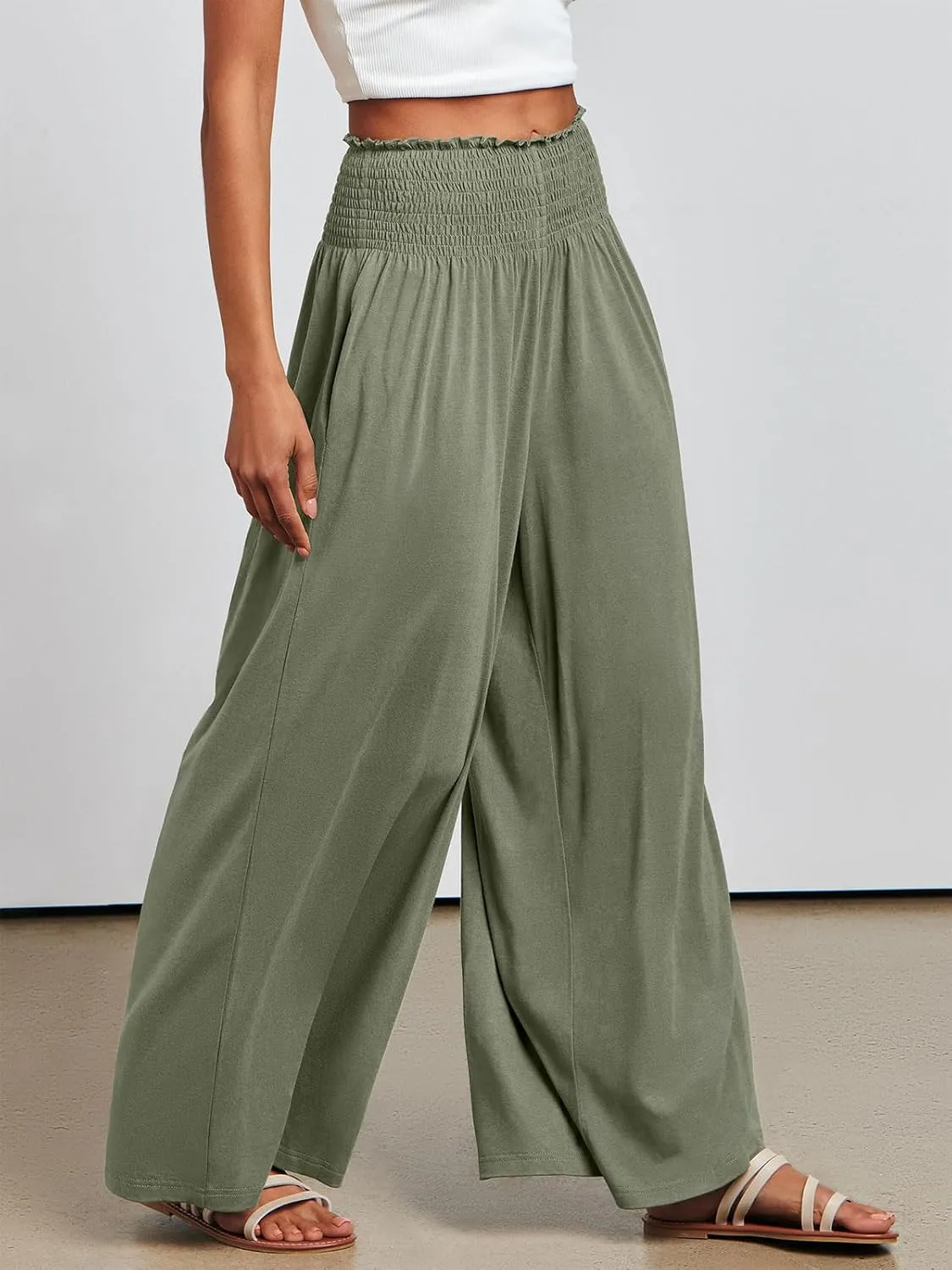 ANRABESS Women Palazzo Pants Summer Boho Bagyy Wide Leg High Smocked Waist Casual Loose Lounge Pant with Pocket