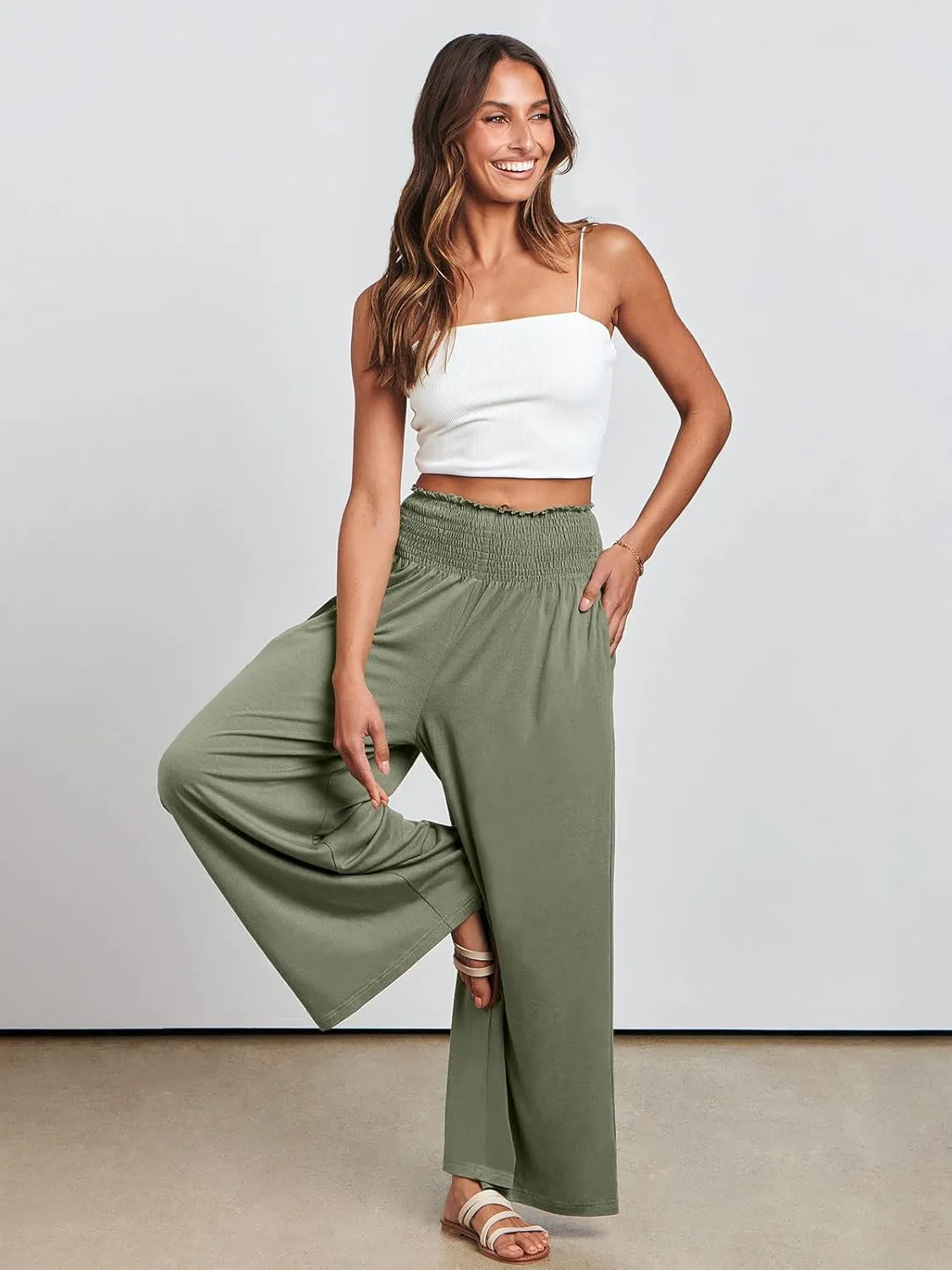ANRABESS Women Palazzo Pants Summer Boho Bagyy Wide Leg High Smocked Waist Casual Loose Lounge Pant with Pocket