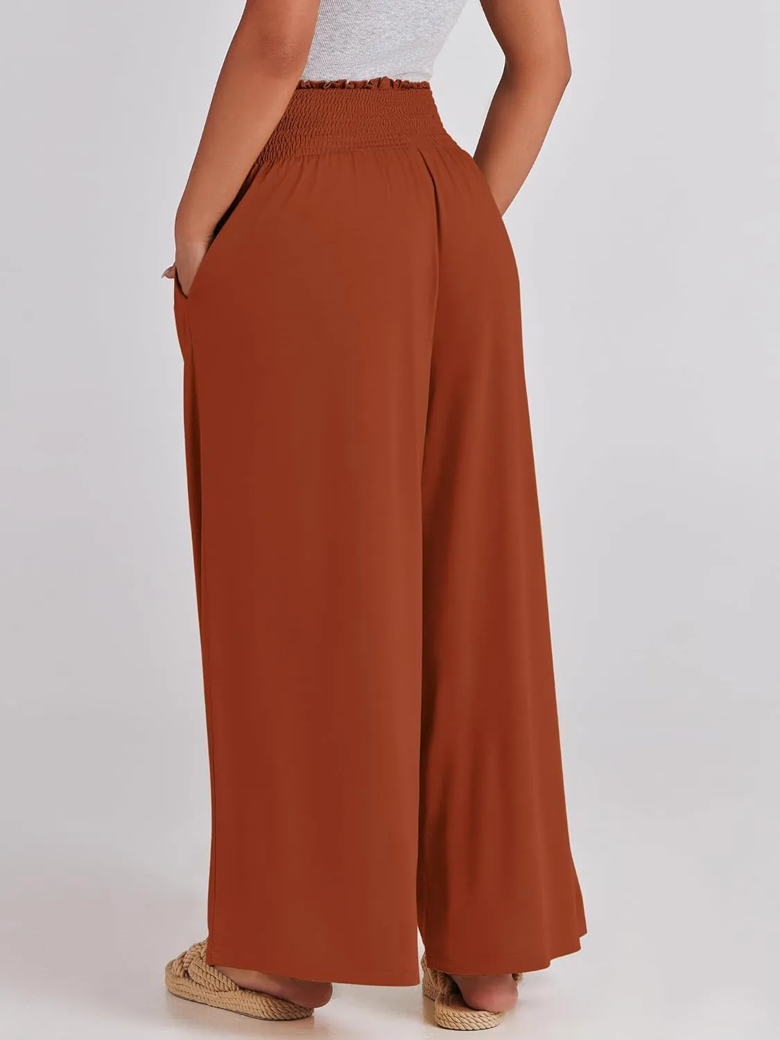 ANRABESS Women Palazzo Pants Summer Boho Bagyy Wide Leg High Smocked Waist Casual Loose Lounge Pant with Pocket