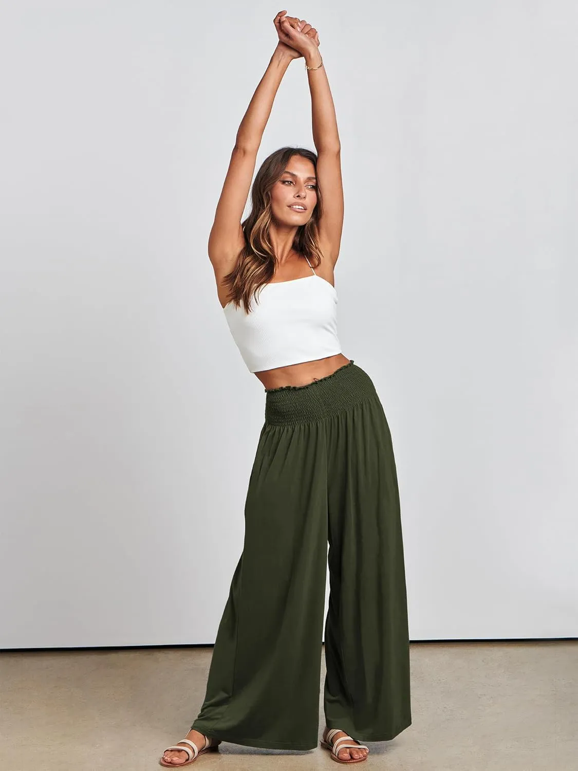 ANRABESS Women Palazzo Pants Summer Boho Bagyy Wide Leg High Smocked Waist Casual Loose Lounge Pant with Pocket