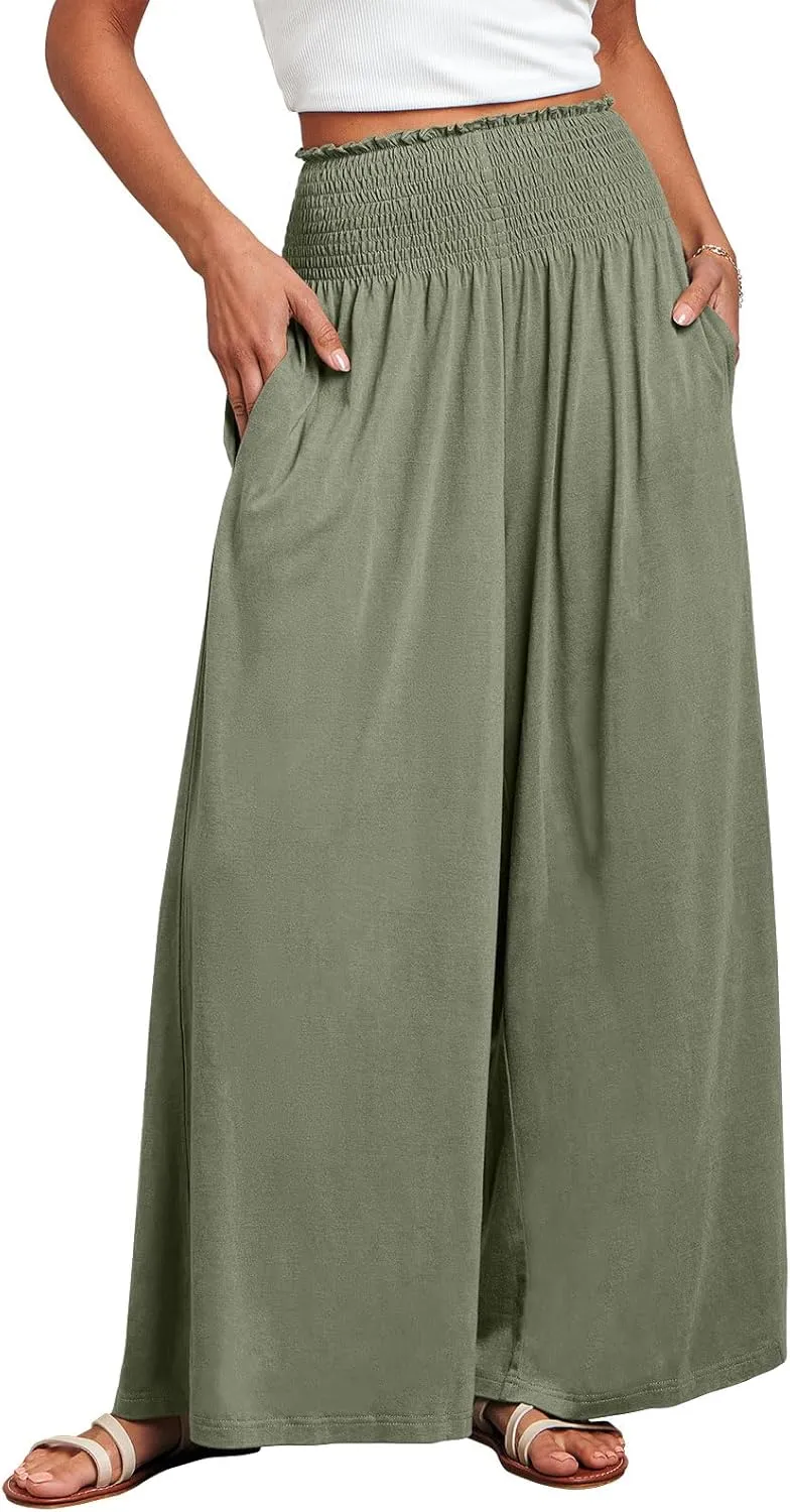 ANRABESS Women Palazzo Pants Summer Boho Bagyy Wide Leg High Smocked Waist Casual Loose Lounge Pant with Pocket