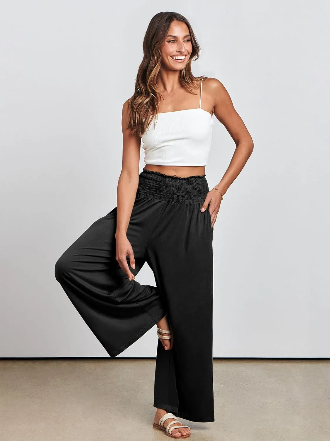 ANRABESS Women Palazzo Pants Summer Boho Bagyy Wide Leg High Smocked Waist Casual Loose Lounge Pant with Pocket