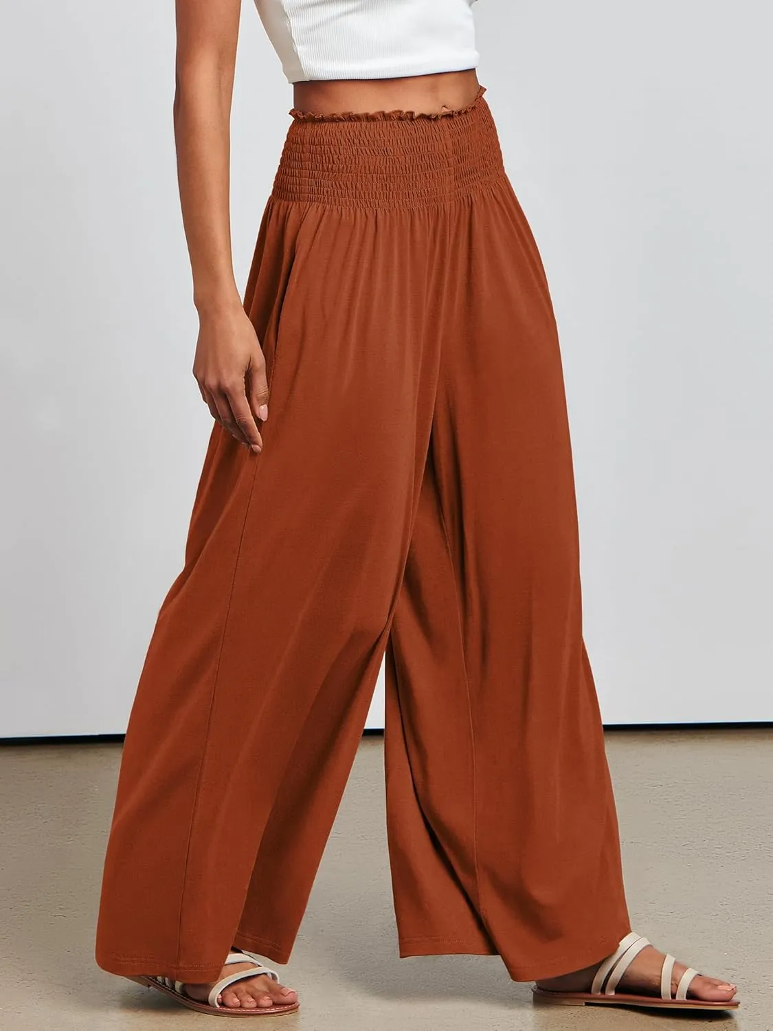 ANRABESS Women Palazzo Pants Summer Boho Bagyy Wide Leg High Smocked Waist Casual Loose Lounge Pant with Pocket