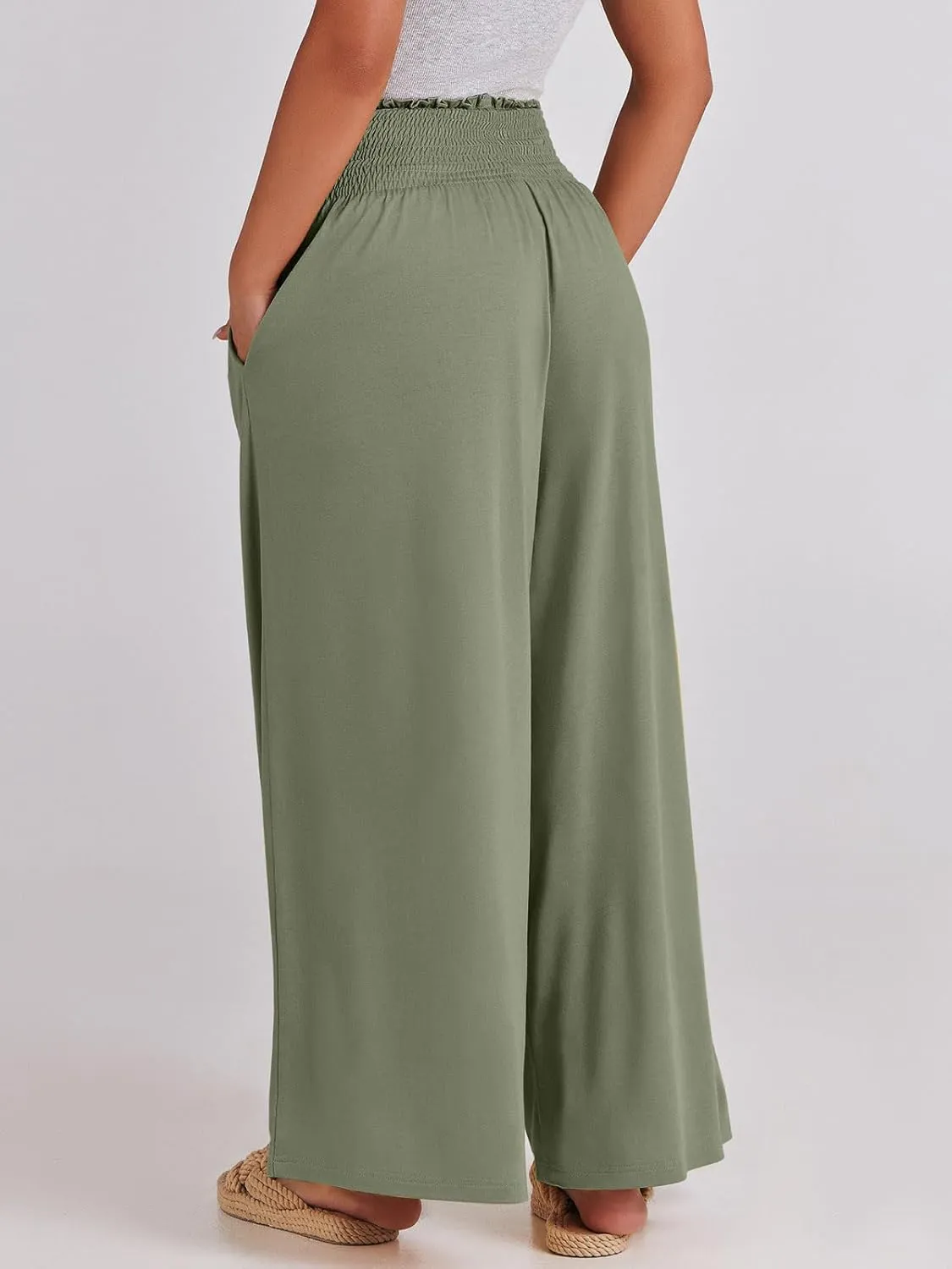 ANRABESS Women Palazzo Pants Summer Boho Bagyy Wide Leg High Smocked Waist Casual Loose Lounge Pant with Pocket