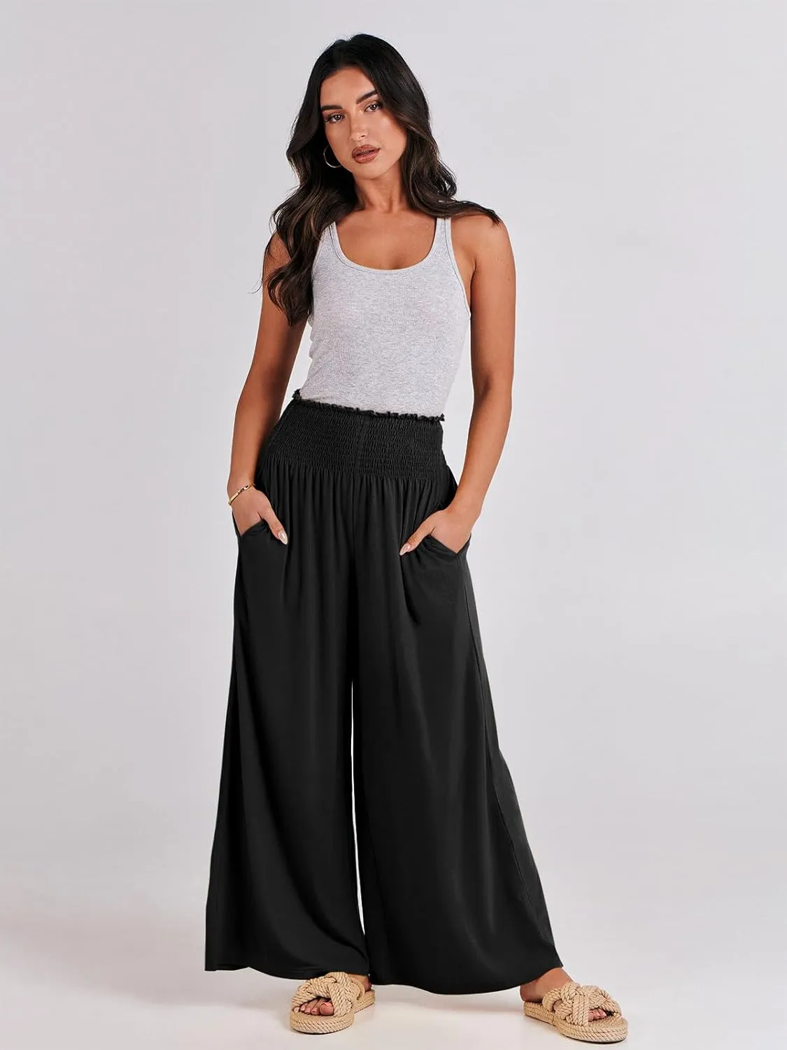 ANRABESS Women Palazzo Pants Summer Boho Bagyy Wide Leg High Smocked Waist Casual Loose Lounge Pant with Pocket