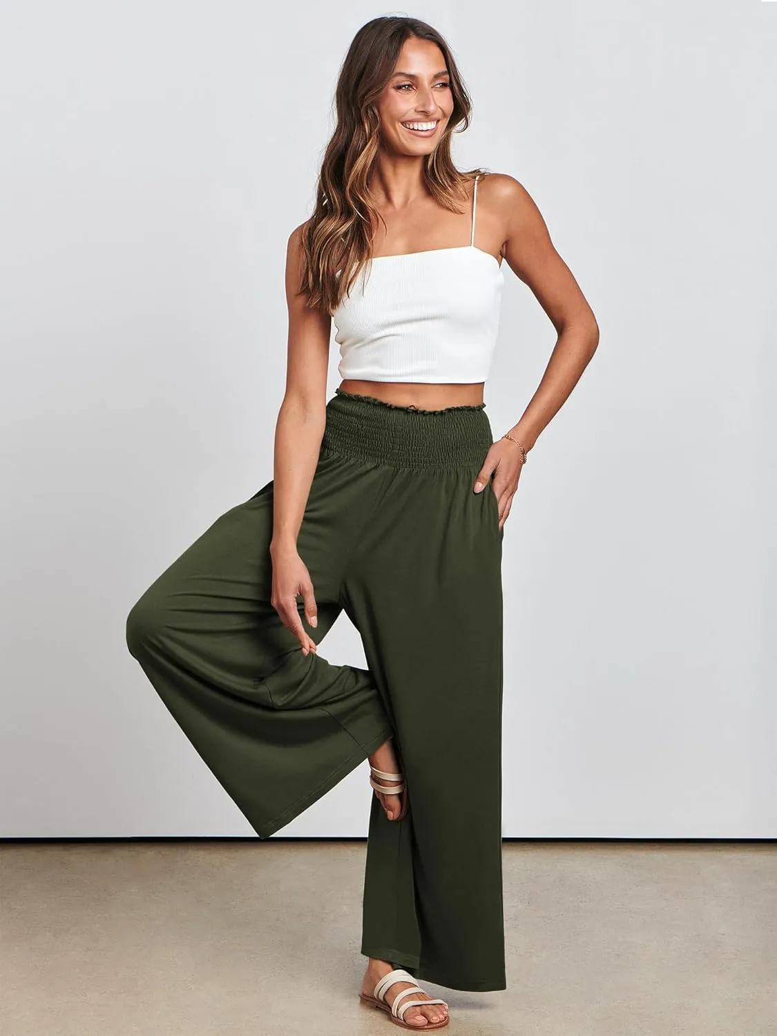 ANRABESS Women Palazzo Pants Summer Boho Bagyy Wide Leg High Smocked Waist Casual Loose Lounge Pant with Pocket