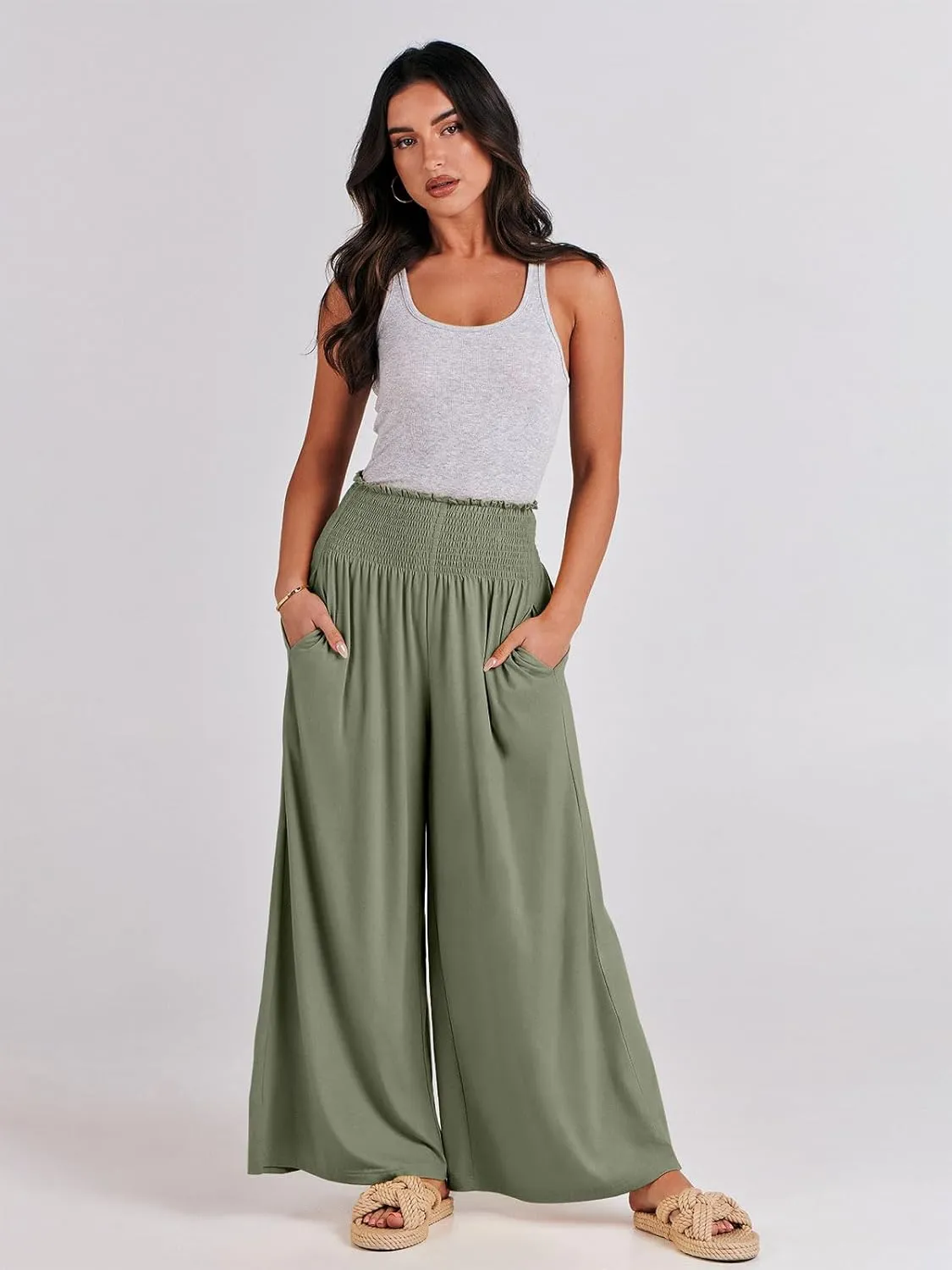 ANRABESS Women Palazzo Pants Summer Boho Bagyy Wide Leg High Smocked Waist Casual Loose Lounge Pant with Pocket
