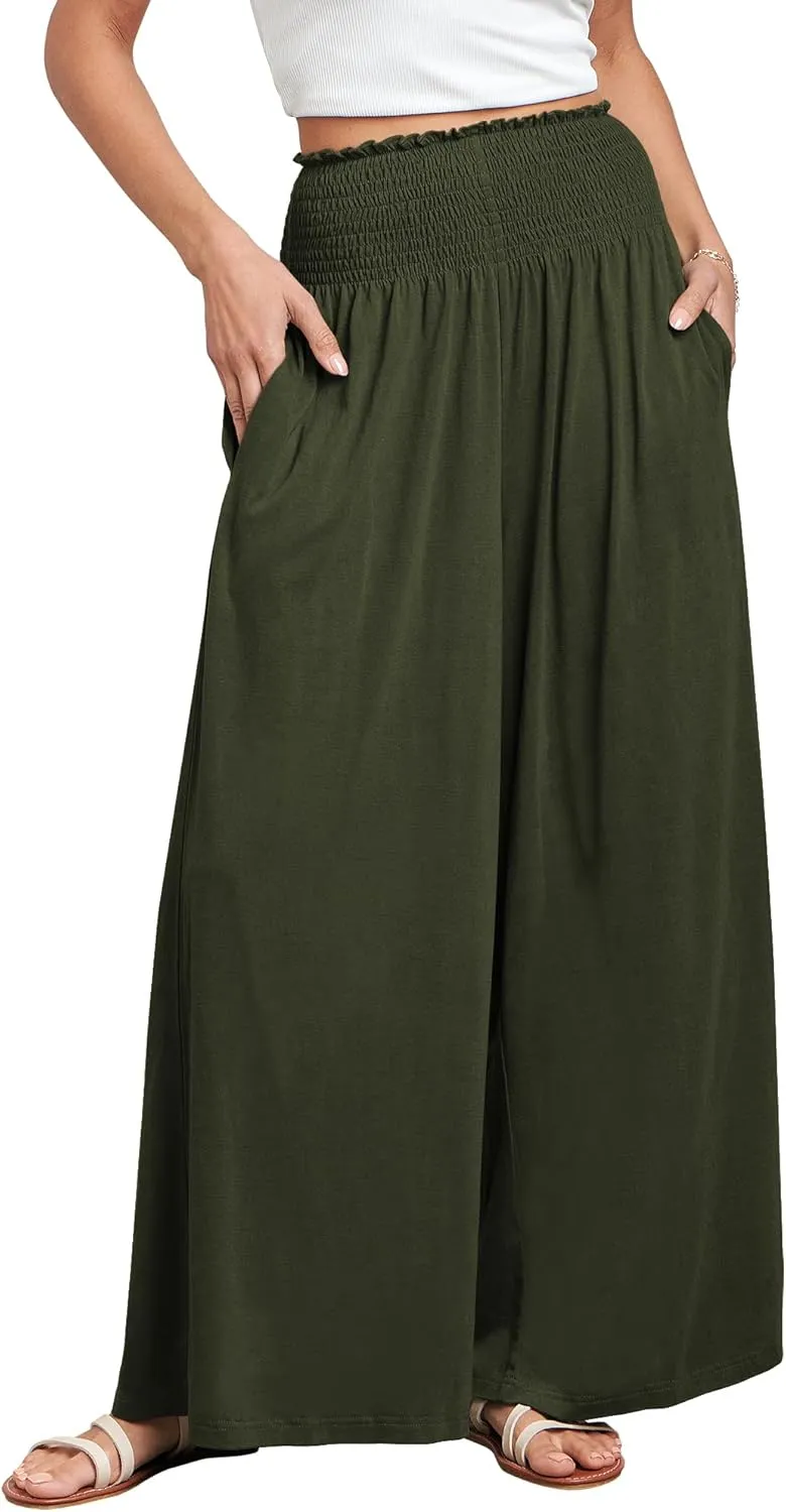 ANRABESS Women Palazzo Pants Summer Boho Bagyy Wide Leg High Smocked Waist Casual Loose Lounge Pant with Pocket