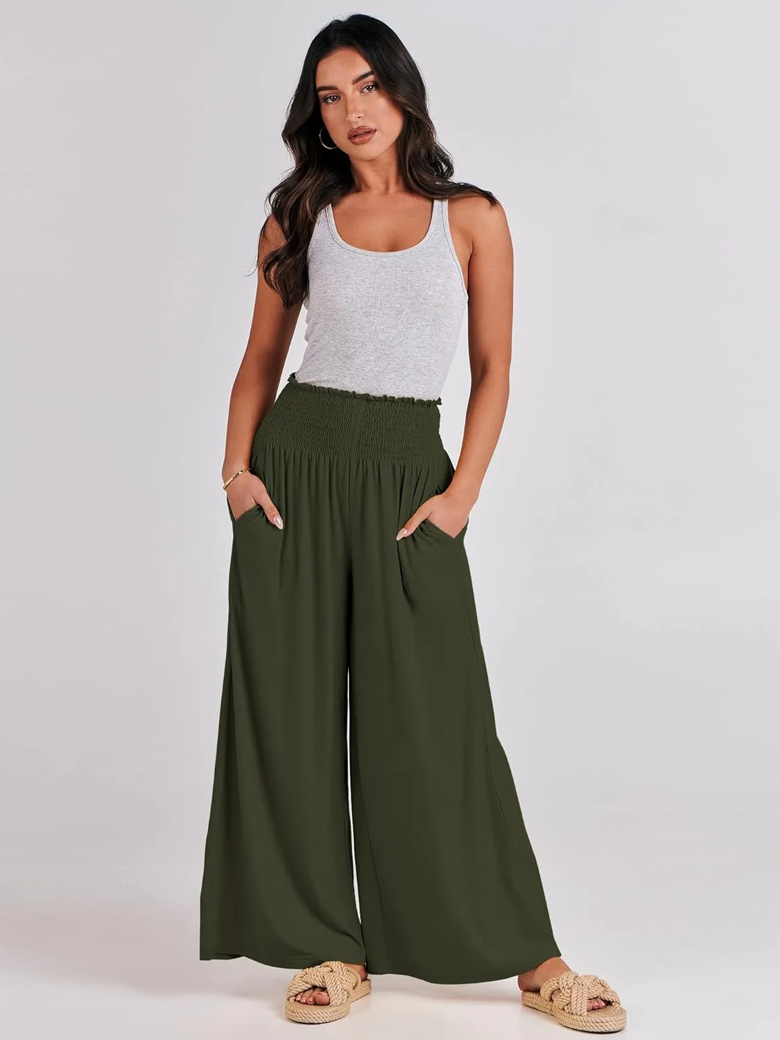 ANRABESS Women Palazzo Pants Summer Boho Bagyy Wide Leg High Smocked Waist Casual Loose Lounge Pant with Pocket