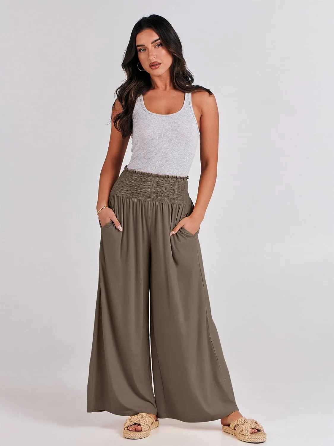 ANRABESS Women Palazzo Pants Summer Boho Bagyy Wide Leg High Smocked Waist Casual Loose Lounge Pant with Pocket