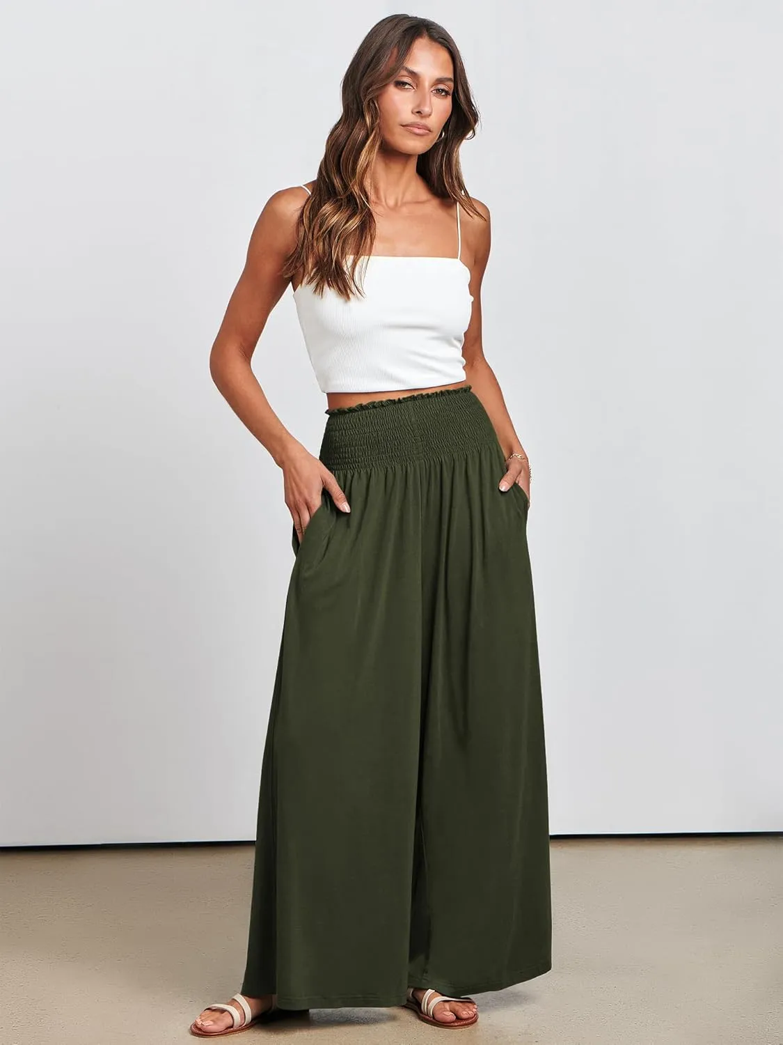 ANRABESS Women Palazzo Pants Summer Boho Bagyy Wide Leg High Smocked Waist Casual Loose Lounge Pant with Pocket