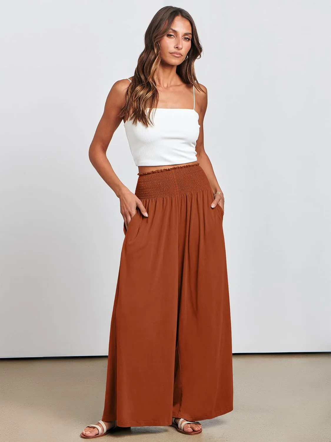 ANRABESS Women Palazzo Pants Summer Boho Bagyy Wide Leg High Smocked Waist Casual Loose Lounge Pant with Pocket