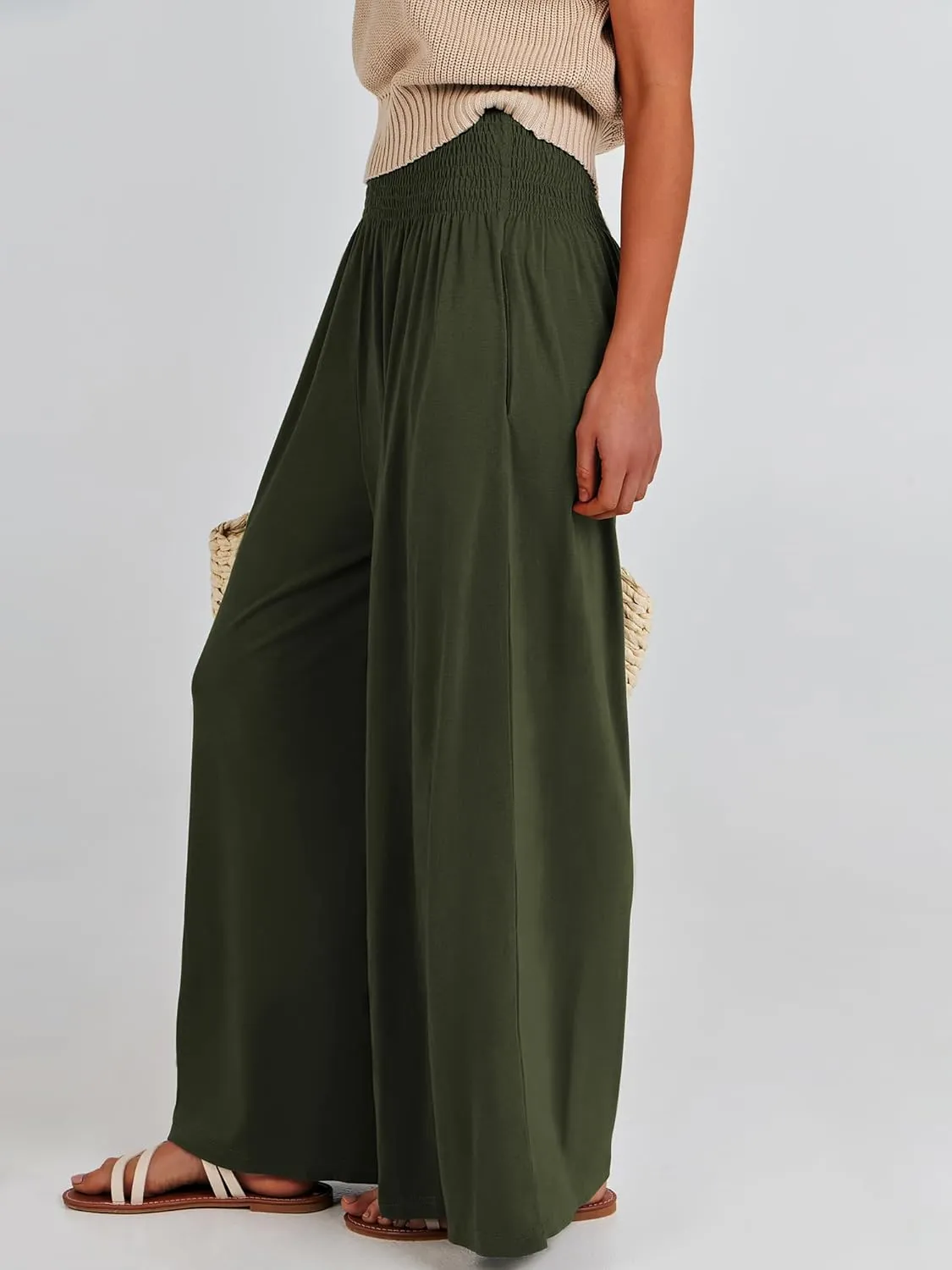 ANRABESS Women Palazzo Pants Summer Boho Bagyy Wide Leg High Smocked Waist Casual Loose Lounge Pant with Pocket