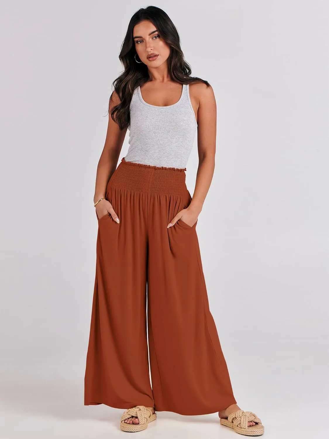 ANRABESS Women Palazzo Pants Summer Boho Bagyy Wide Leg High Smocked Waist Casual Loose Lounge Pant with Pocket